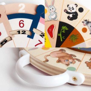 Joc de lemn, disc educativ cu 2 fete, tabla inmultirii si hrana animalelor