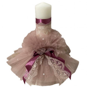 Lumanare de botez cu tulle roz si fundita