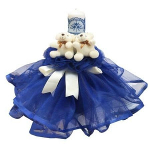Lumanare de botez dantelata, ursuleti bleumarin 28 cm