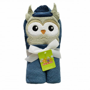 Prosop bebe cu gluga, bumbac fin si absorbant, animalut brodat pe capison, 86*86 cm, Bufnita bleu