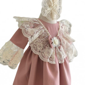Rochita de botez, material vaporos si dantela, roz antique, 0-12 luni, en gros - Img 2