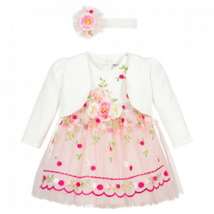 Rochita eleganta , cu broderie florala Malvina, 3 luni-4 ani, roz pal - Img 5
