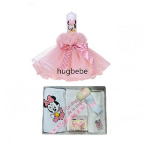 Set lumanare cu rochitA de tull si trusou de botez , imprimat Minnie, roz