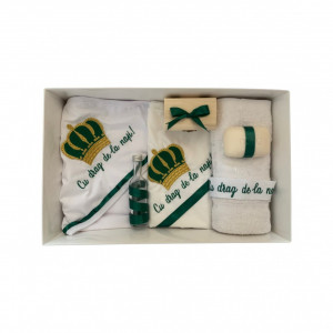 Trusou Botez cu Broderie Coroana cu mesaj, 7 piese, verde/auriu, en gros
