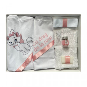 Trusou de botez, 6 piese Pisicuta Marie. imprimat, roz