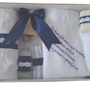 Trusou pentru botez, 6 piese, panza muselina, bleumarin - Img 2
