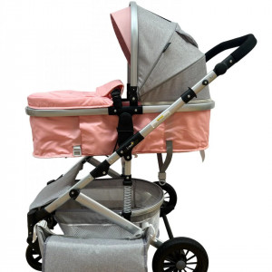Carucior 2 in 1, bebe, cu landou tranformabil si reversibil, roti cu spuma siliconata, geanta cadou, T7,roz