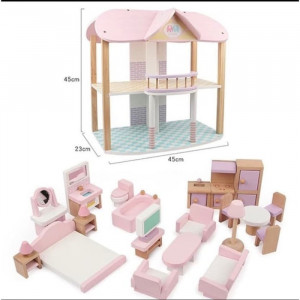 Casuta pentru papusi,  din lemn, cu 4 seturi de mobilier