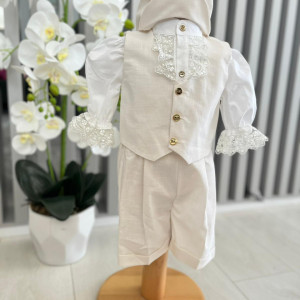 Costum de vara elegant, cu camasa cu jabou, crem, 0-9 luni - Img 3