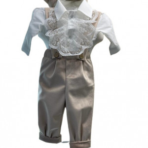 Costum elegant de botez, 3 piese, alb/crem