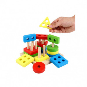 Joc Montessori din lemn Coloane Sortatoare Invata Formele Si Culorile Patrat - Img 3