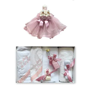 Set trusou si lumanare de botez, cu ursuleti, roz prafuit