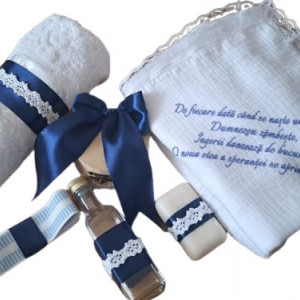 Trusou pentru botez, 6 piese, panza muselina, bleumarin - Img 3