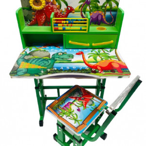 Birou cu scaun pentru copii, reglabile, cadru metalic si lemn,dinozauri