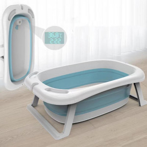 Cadita bebe cu suport anatomic, pliabila, cu scurgere si termometru senzorial, 83*50*20 cm, turquaz - Img 8
