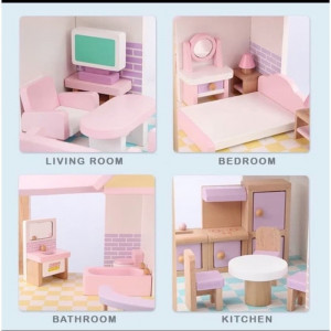 Casuta pentru papusi,  din lemn, cu 4 seturi de mobilier