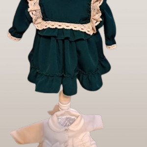 Compleu botez, 4 piese, rochita, paltonas, turban,bentita, Nico , verde/crem