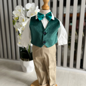 Costum elegant baieti, pentru botez, cu sacou catifea, verde, 0-9 luni, en gros - Img 3