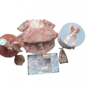 Set de botez complet, rochita, trusou, lumanare glob,cufar, roz prafuit - Img 3