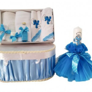 Set de botez, cufar, trusou si lumanare, Strumf albastru, 9 piese