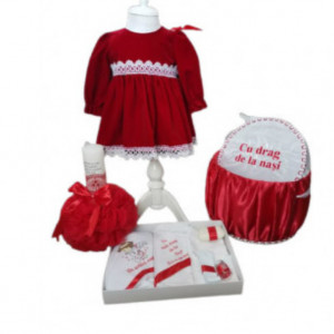 Set de botez fetita, rochie rosie catifea, trusou ingeras si cufar - Img 1