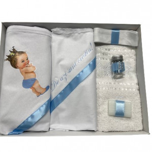 Trusou de botez, 6 piese Printul bebelus. imprimat ,bleu