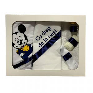 Trusou pentru botez,imprimat,Mickey Mouse,alb-bleumarin,6 piese