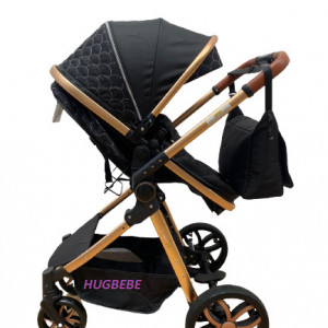 Carucior bebe 3 in 1, cu landou reversibil, suspensii pe roata si pe cadru, T9, negru