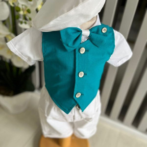 Costum elegant pentru ocazii speciale, cu pantaloni3/4 si vestuta albastra, 0-12 lunii - Img 2