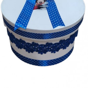 Cutie cufar rotunda pentru trusou botez, decorat cu dantela bleumarin,EN GROS