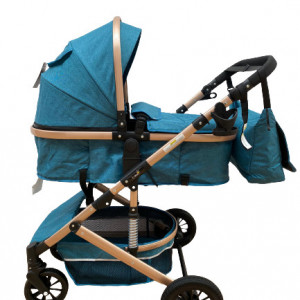 Carucior 2 in 1, bebe, cu landou tranformabil si reversibil, roti cu spuma siliconata, geanta cadou, T7,verde inchis - Img 2