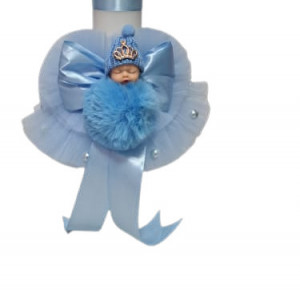 Lumanare de botez, cu tull si ingeras, bleu, en-gros