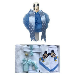 Set Botez ,Trusou 7 pcs. brodat Baby Mickey Mouse ,Lumanare Baby Mickey Mouse,Alb/ Bleu