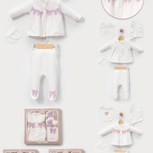 Set Cadou Nou-Născut pentru Fetițe, 5 Piese, 100% Bumbac Premium cu Broderie și Fundițe Elegante