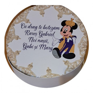 Set complet pentru botez, cu trusou complet si lumanare, costum si set de baita, Mickey auriu/bleumarin