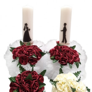 Set de lumanari si buchete pentru nunta, Trandafiri saten burgundy/ivoire, en gros