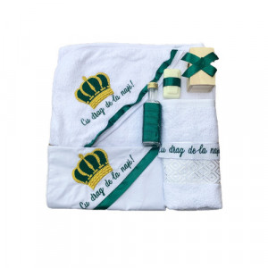 Trusou Botez cu broderie coroană Prinț, 7 Piese, Alb/Verde smarald, en gros