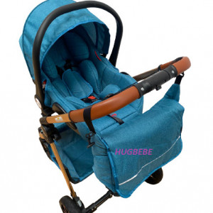 Carucior bebe 3 in 1, cu landou reversibil, suspensii pe roata si pe cadru, T9, turcoaz