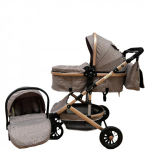 Carucior bebe, 3 in 1, lansou reversibil, cadru aluminiu,  foarte usor, suspensii pe roti, T2,, crem