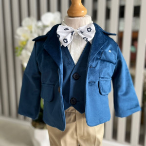 Costum elegant baieti, pentru botez, cu sacou catifea, albastru, 0-9 luni, en gros
