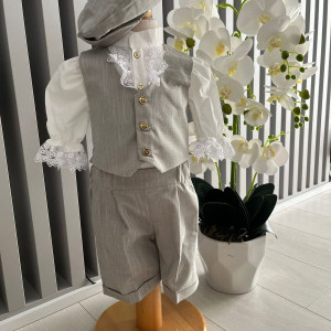 Costum elegant pentru ocazii speciale, cu pantaloni3/4 si vestuta , 0-12 luni, gri deschis, engros - Img 1