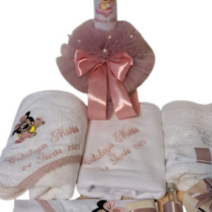 Set de botez lumanare si trusou, personalizate, Baby Minnie, roz pudra - Img 1
