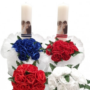 Set de lumanari si buchete pentru nunta, Trandafiri saten rosii si albastrii, en gros