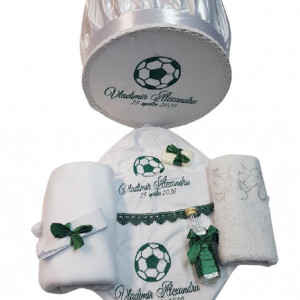 SET PERSONALIZAT PENTRU BOTEZ, CUFAR SI TRUSOU, 8 PIESE MINGE DE FOTBAL
