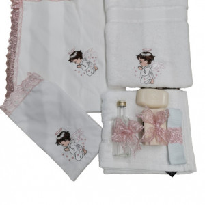 Set trusou de botez,complet,9 piese,dantela roz,broderie ingeras. - Img 3
