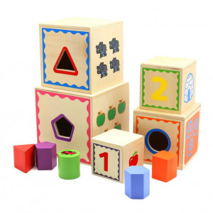 Sortator Montessori din lemn 5 cuburi cifre si forme