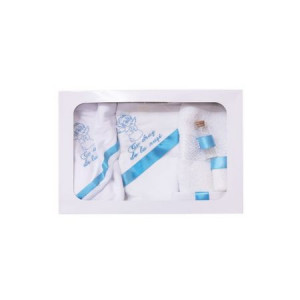 Trusou brodat pentru botez, 6 piese, alb/turcoaz