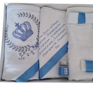 Trusou de botez, 6 piese Coronita cu lauri, imprimat, bleu