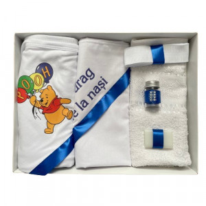 Trusou de botez, 6 piese, Winnie cu baloane, albastru, imprimat, en gros