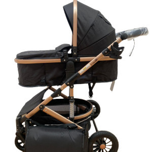 Carucior 2 in 1, bebe, cu landou tranformabil si reversibil, roti cu spuma siliconata, geanta cadou, T7, negru - Img 1